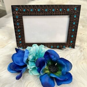Brown Metal Vintage Etched Picture Frame With Blue Gemstone Accents
